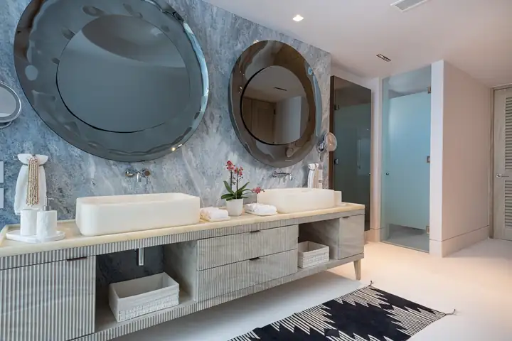 Master Suite 1: the marble double vanity in the bathroom